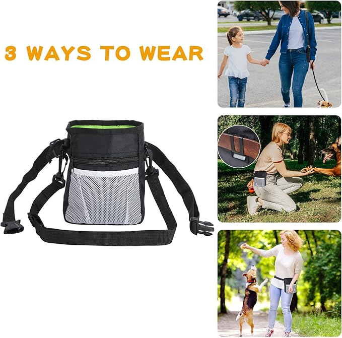 Dog Treat Pouch for Pet Training, 3-Way Wear Training Bag with 2 Clickers, Collapsible Bowl & Poop Bag, Large Capacity Dog Training Kit with Adjustable Waist Belt/Shoulder Strap for Walking