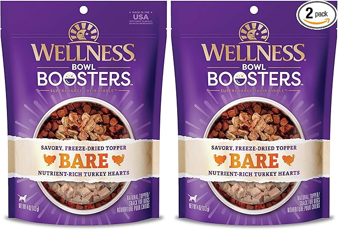 Wellness Bowl Boosters Bare,Dog Food Topper for Small,Medium,& Large Breeds,Grain Free,Natural,Freeze Dried,Turkey,4 Ounce Bag,(Pack of 2)