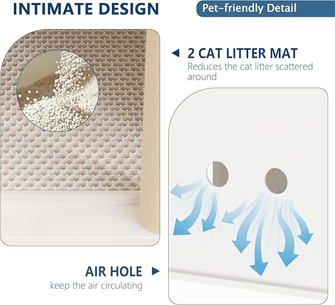 Double Cat Litter Box Enclosure Furniture for 2 Cats – 2-Tier Modern Farmhouse Cabinet, Mark Post, Odor Control, Hidden Washroom, Litter Mats, Dog-Proof Storage, End Table – Slotted Door White
