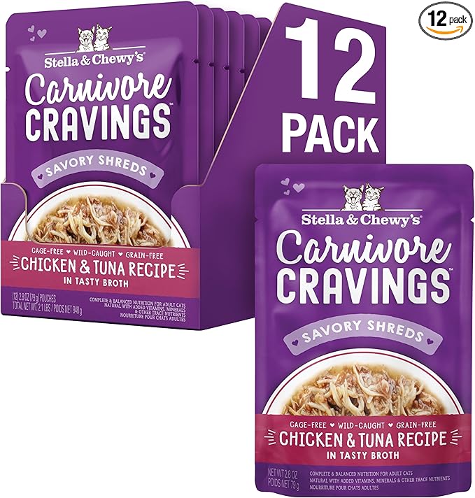 Stella & Chewy's Carnivore Cravings Wet Cat Food - Premium Pouches - Grain Free, High Protein Chicken & Tuna - Perfect for Picky Eaters - Complete Meal or Topper (2.8 oz, 12 Pack)