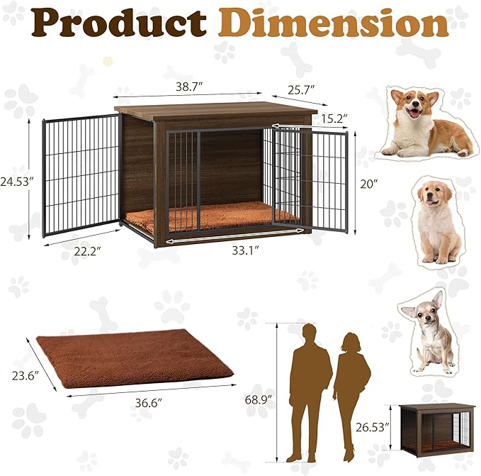 Dog Crate Furniture with Thick Cushion, Side End Table Wooden Dog Cage with Double Doors, Chew-Resistant Dog Kennel Dog House Indoor for Small to Large Dog