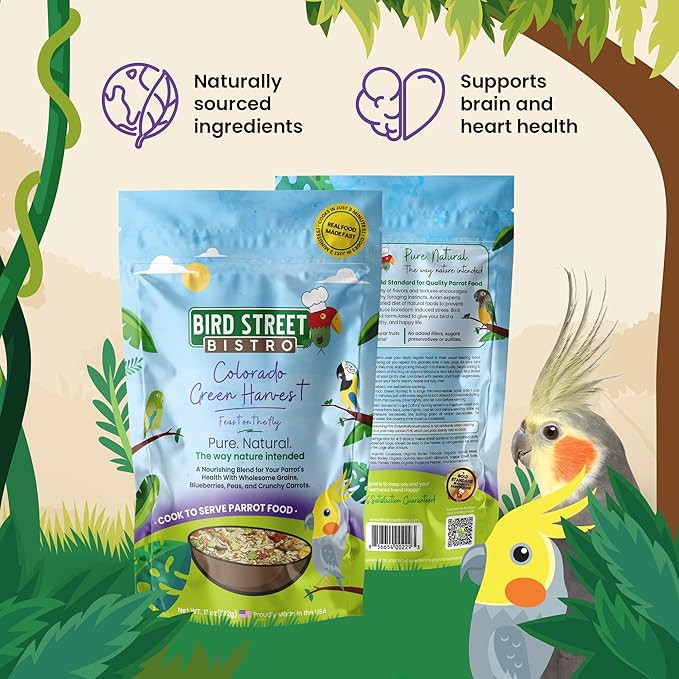 Bird Street Bistro Parrot Food - Parrot Food - Cooks in 3-15 min w/Natural Whole Grains, Legumes, Non-GMO Fruits, Vegetables & Health-Oriented Spices.