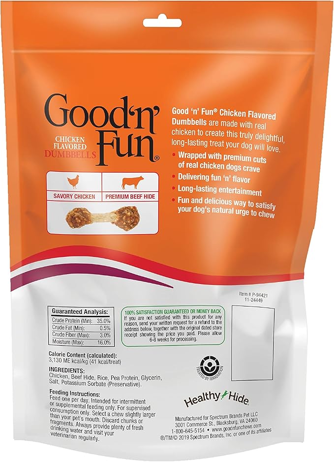 Good 'n' Fun Chicken Flavored Dumbbells 4 Ounces, Rawhide Snacks for Small Dogs (Pack of 2)