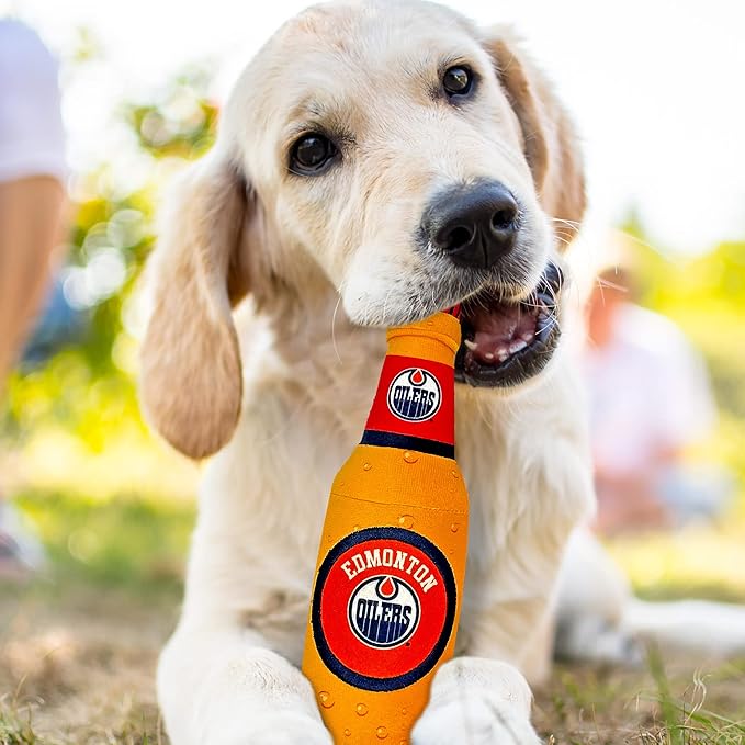 Pets First NHL Edmonton Oilers Beer Bottle Plush Dog & Cat Toy- Cutest Stadium SODA Bottle Snack Plush Toy for Dogs & Cats with Inner Squeaker & Beautiful Hockey Team/Logo