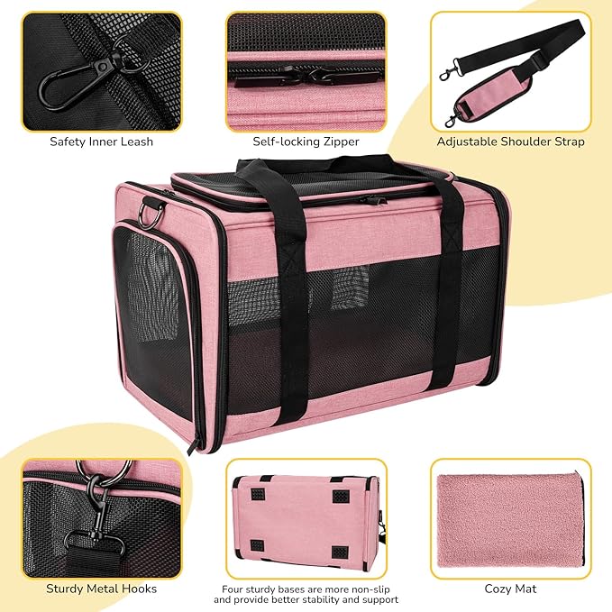 Hipubby Cat Carrier Dog Carrier for Pets Up to 16 Lbs, Soft-Sided Pet Travel Carrier for Cats and Small Dogs, Airline Approved Pet Carrying Case with Shoulder Strap & Removable Mat - Pink