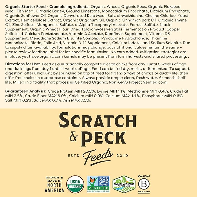 Scratch and Peck Feeds Whole Grain Starter Crumbles Chicken and Duck Feed - 10 lbs Bag - Corn-Free and Soy-Free - 20.5% Protein, Certified Organic and Non-GMO Project Verified Chicken Food