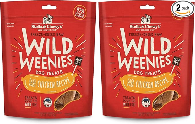 Stella & Chewy's Freeze-Dried Raw Wild Weenies Dog Treats - High-Protein Training Treats for Dogs & Puppies - All-Natural Chicken Recipe with 97% Meat & Organs - USA Made - 3.25 oz Bag (Pack of 2)