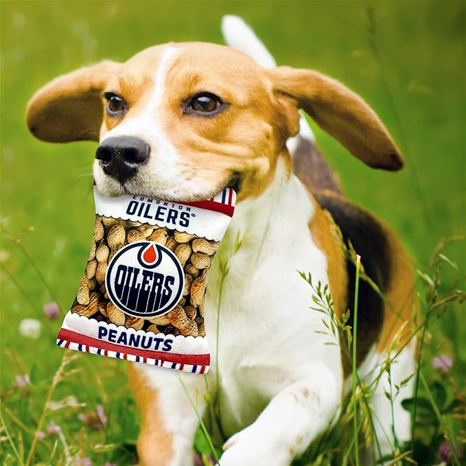 Pets First NHL Edmonton Oilers Crinkle Fine Plush Dog & Cat Squeak Toy - Cutest Stadium Peanuts Snack Plush Toy for Dogs & Cats with Inner Squeaker and Beautiful Hockey Team Name/Logo