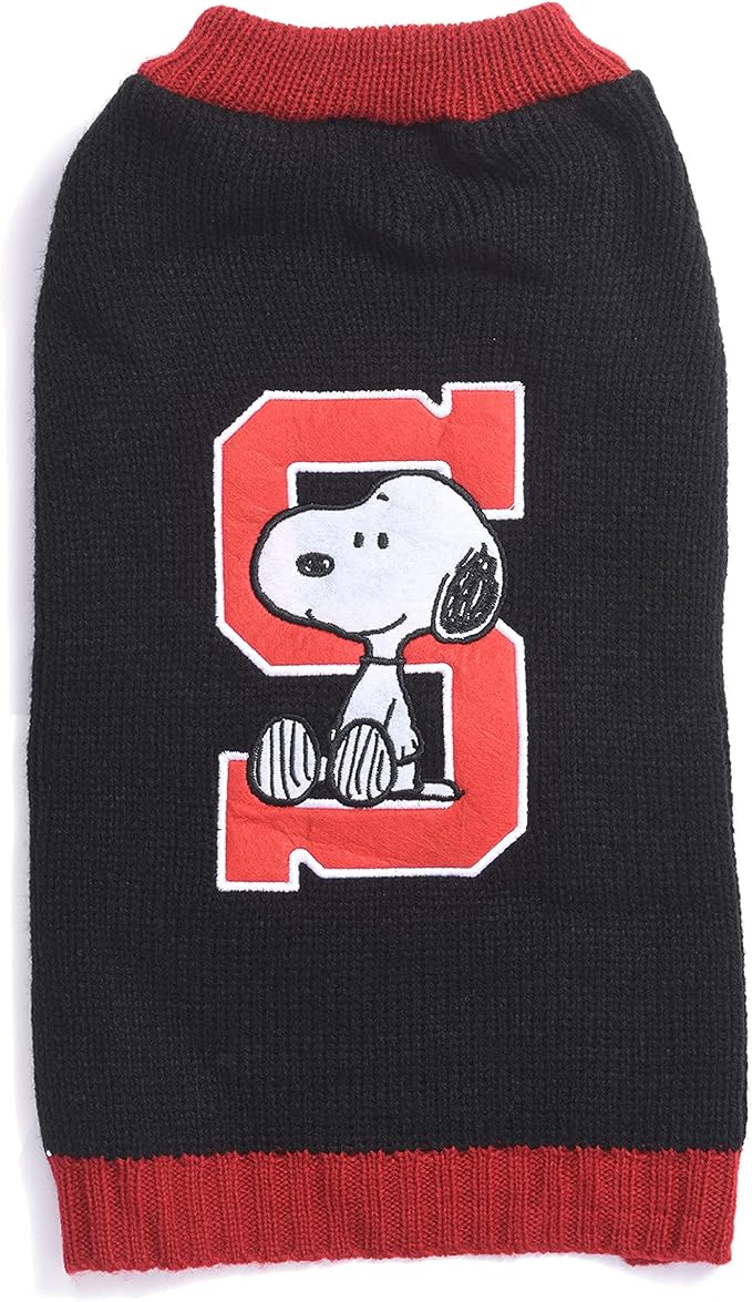 Peanuts for Pets Comics Snoopy Collegiate Dog Sweater, Soft and Comfortable Apparel Clothing Shirt for Medium Dogs, Black
