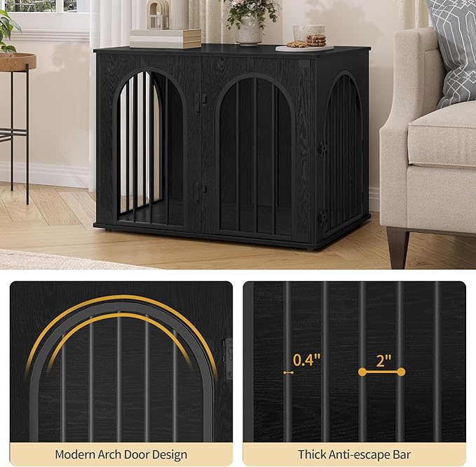 Hzuaneri 31.5'' Wooden Dog Crate Furniture, Indoor Dog Kennel Dogs Cage for Small/Medium Dogs, Heavy Duty Dog Crates Decorative Pet House End Side Table TV Stand, Black DFC85104B