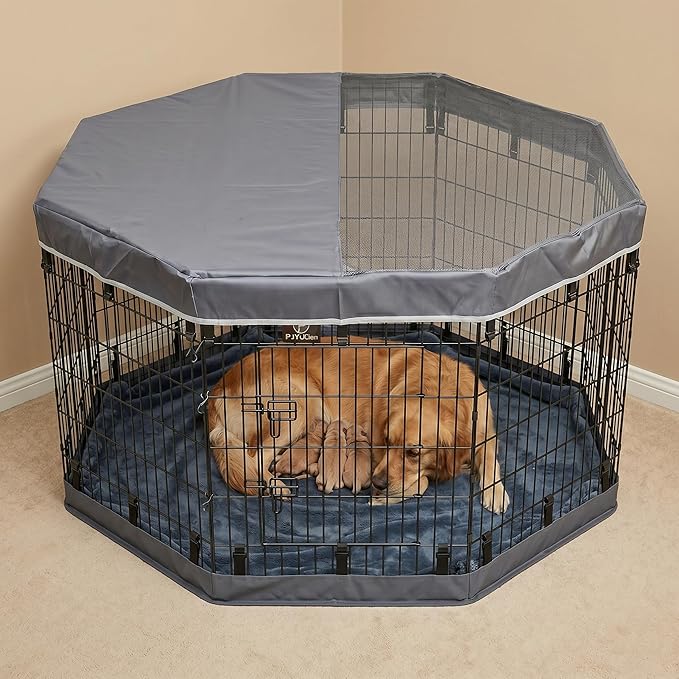 PJYuCien Dog Playpen with Top Cover and Bottom Pad - Metal Foldable Exercise Pen, 8 Panels 36" H x 24" W Indoor Outdoor Pet Fence Puppy Crate Kennel, Gray