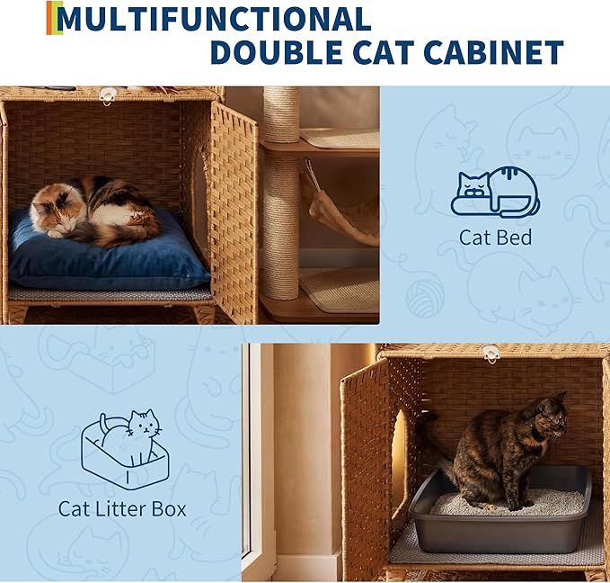 Double Litter Box Enclosure for 2 Cats - Rattan Hidden Cat Furniture with Litter Mat 2 Hooks & Doors, Large Cat House for 2 Litter Boxes, Easy Clean, 47.2" l x 19.7" w x 23.6" h Natural