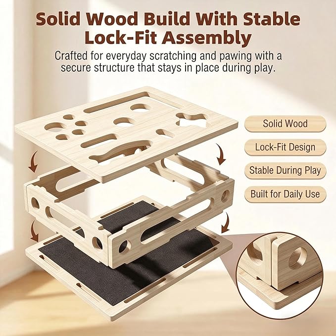 Cat Scratch Puzzle Box, Cat Nail File Box, Cat Enrichment Toy for Indoor Cats, Solid Wood Treat Puzzle Maze with Built-in Sandpaper, Stable Lock-Fit Interactive Claw Care Toy