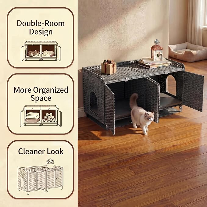 Garvee Cat Litter Box Enclosure Furniture, Handwoven Rattan Cat Houses, Hidden Cat Washroom Furniture with Door/Mat, Large Space Cat Houses with s-Shaped Hooks, Living Room, Bedroom, Gray