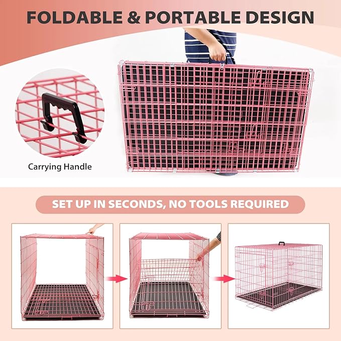 Extra Large Dog Crate - Portable Dog Cage for Small Dogs - Travel Dog Crate with Double-Door, Metal Wire Kennel & Plastic Tray (Pink, 24")