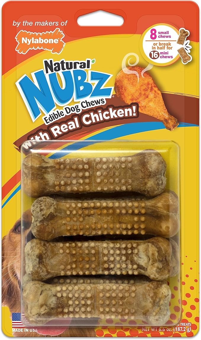 Nylabone Nubz Natural Dog Chew Treats for Small Dogs, Long Lasting Dog Chew Bones Made in USA, Chicken Flavor Breath Freshener Dental Chews, Small Dog Bones for Dogs Up to 25 lbs. (8 Count)