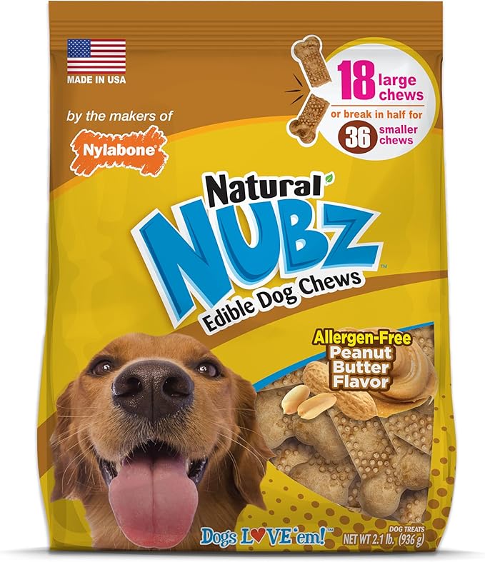 Nylabone Nubz Natural Dog Chew Treats for Large Dogs, Long Lasting Dog Chew Bones Made in the USA, Chicken Flavor Breath Freshener Dental Chews, Large Dog Bones for Dogs Over 30 lbs. (18 Count)
