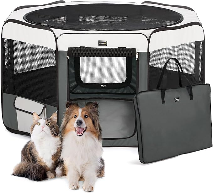 DONORO Dog Playpen Portable Pet Play Pens for Small Dog/Cat/Rabbit/Chicks, Cat Playpen Indoor/Outdoor with Carring Case, Removable Zipper Top and Bottom (Gray, Medium (36"x36"x20"), 8)