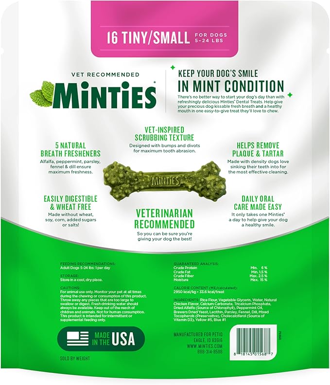 Minties Dog Dental Bone Treats, Tiny/Small Dental Dog Treats, 5-25 lbs, Clean Teeth, Fight Bad Breath, Removes Plaque and Tartar, 16 Count