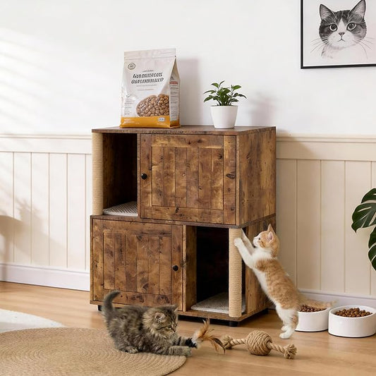 Double Litter Box Enclosure for 2 Cats, 2 Tier Litter Box Enclosure Furniture with Scratching Post and Dual Mats,Wood Cat Kitty House Cabinet,Modern Style