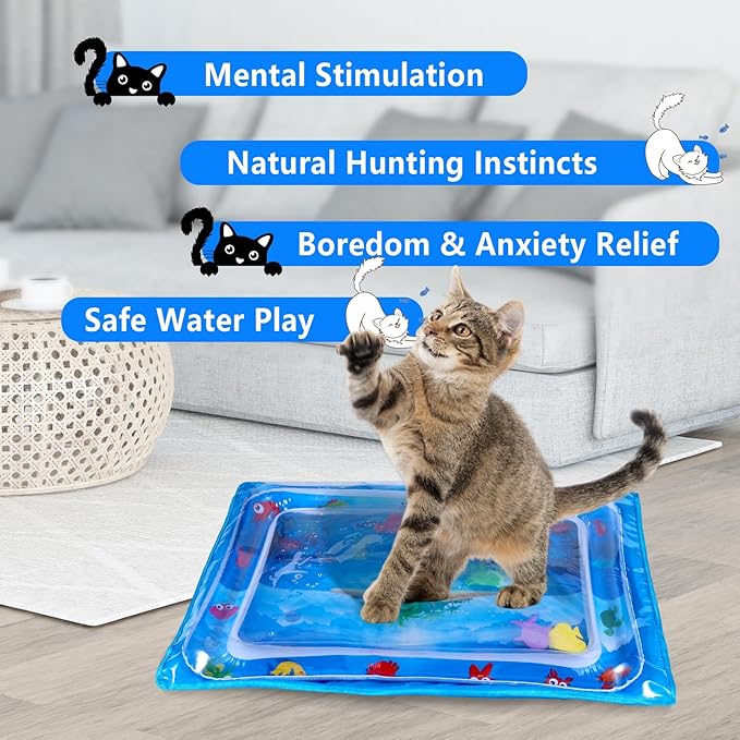 Extra-Thick Cat Water Mat with Protective Cover, Leak-Proof Interactive Water Sensory Play Bed for Indoor Cats & Kittens, 20x28 Inch, Summer Cooling Pet Pad