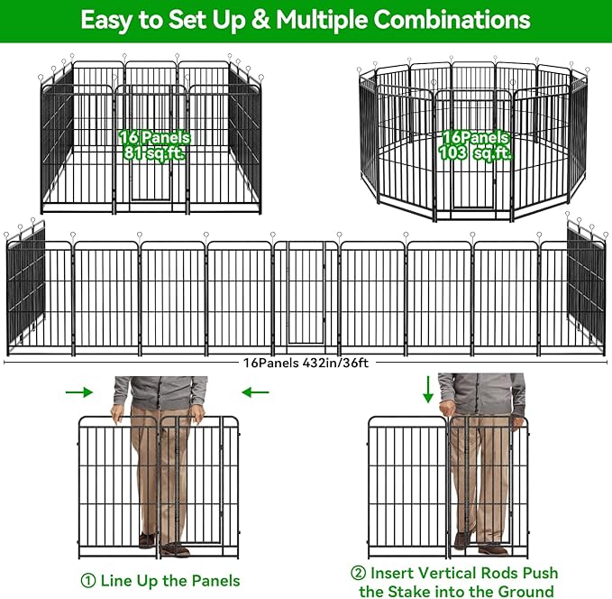Kfvigoho Heavy Duty Dog Playpen: 16 Steel Panels 40" Height, Square Steel Pipe with Reinforced Crossbars, 36FT 103 Sq.ft Portable Fence for Yard RV Camping, Snowy Black
