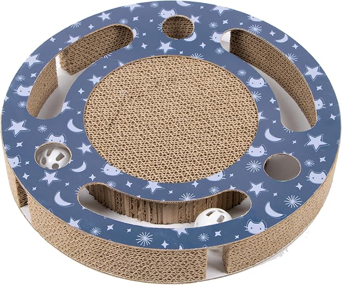 Kitty City Starry Night Corrugate Cat Scratcher with Ball Track Toy - Scratch Pad Lounger, Horizontal Corrugate Nail File Bed for Indoor Kittens, Kitty Enrichment & Play, 13” x 13”