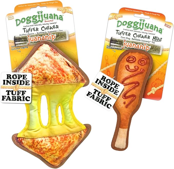 Doggijuana Cafe Combo Refillable Juananip Toy Bundle | Grilled Cheese & Corn Dog | Funny Dog Toy Plush with Catnip and Refill | Interactive Chew for Play