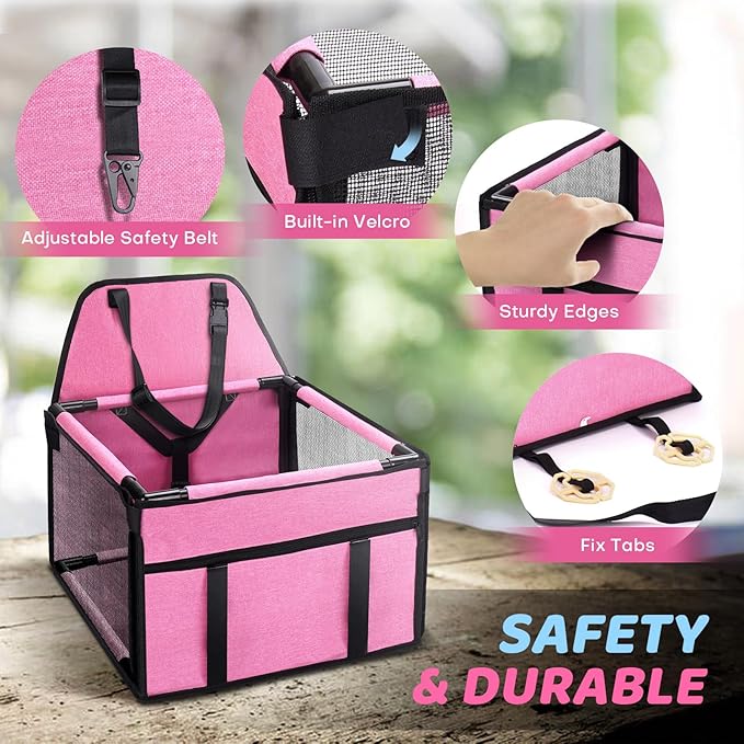 GENORTH Dog Car Seats for Small and Medium Dogs,Portable Puppy/Pet Car Booster Seat with Clip-On Leash and Mesh Window for Pet Up to 20 lbs