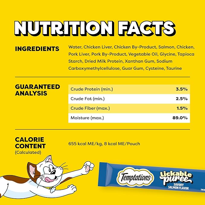 Temptations Creamy Puree Squeezable Lickable Cat Treats, Wet Cat Treats with Salmon, 0.42 oz. Tubes, 4 Count, Pack of 11 (44 Total)