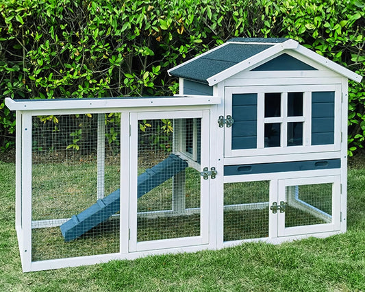 Large Outdoor Rabbit Hutch Weatherproof 2-Story Chicken Coop & Bunny Cage, Wooden Indoor/Outdoor Pet House with No-Leak Tray, Waterproof Roof & Pull-Out Tray (56.8" L x 34.7" H, Grey Blue&White)