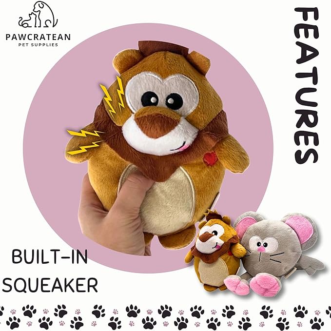7" Squeaky Plush Toy For Puppies Small Dogs Self Etertainment Washable Soft High Quality Made [PET ONLY] (Mouse & Lion)