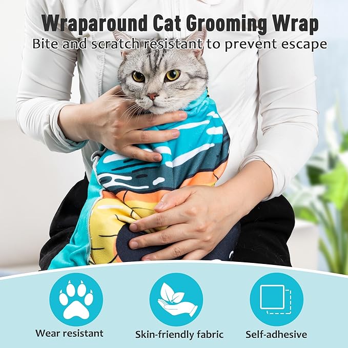 Cat Grooming Wrap21.7"*21.7", Self-Adherent Anti-Scratch Swaddle Restraint, Nail Clipping, Anti-Bite, Anti-Scratch, Anti-Escape Calming Wrap Multifunctional Care Pet Tools M