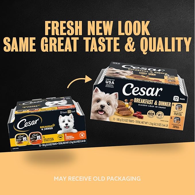 Cesar Classic Loaf in Sauce Adult Wet Dog Food, Breakfast and Dinner with Grilled Steak & Eggs Flavor, and Chicken & Liver Flavor, 3.5 oz. Easy Peel Trays, Variety Pack (12 Count, Pack of 1)