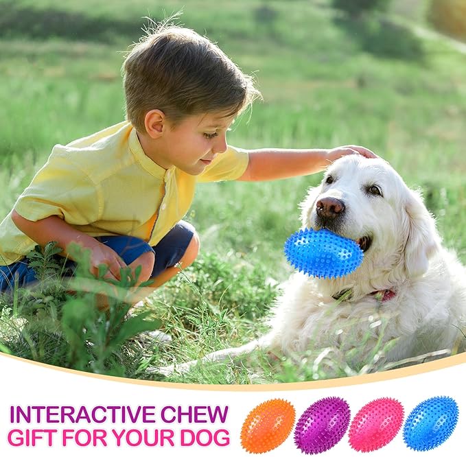 Silipull 4 Pcs Spiky Squeaker Football Dog Toy for Medium Large Dogs Spiky Dog Balls Puppy Chew Toys for Aggressive Chewers Training Fetch (Vivid,4.5 x 3.1 Inch)