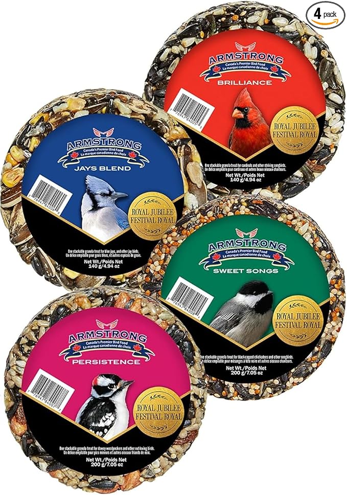 Armstrong Wild Bird Food Variety Flavor Granola Stacks, Pack of 4 - Royal Jubilee Brilliance, Jays Blend, Persistence & Sweet Songs - High-Energy Bird Treats, Ideal for Granola Stack Feeders