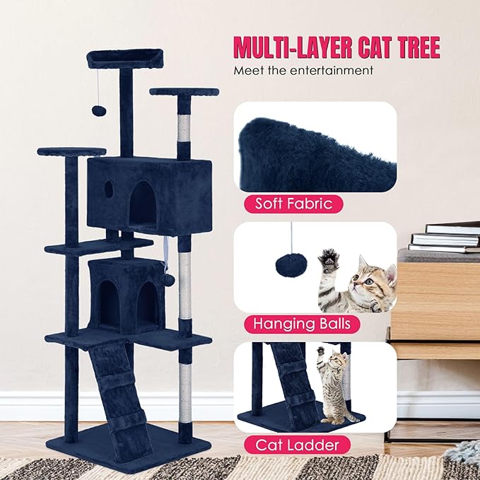 24/7 Shop at Home Court 70 inch Multi-Level Cute Cat Tree Tower with Dangling Ball and Scratching Posts for Indoor Cats Adults, Kitten Supplies, Pet House, Navy Blue