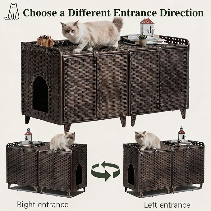 Cat Litter Box Enclosure Furniture, Handwoven Rattan Cat Houses, Hidden Cat Washroom Furniture with Door/Mat, Large Space Cat Houses with S-Shaped Hooks, Living Room, Bedroom, Brown