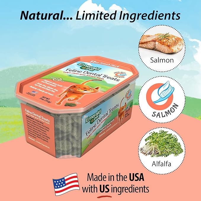 Emerald Pet Grain-Free Cat Dental Treats with Salmon – Crunchy Natural Dental Treats for Cats to Clean Teeth, Freshen Breath, and Reduce Plaque & Tartar – 11 oz Tub