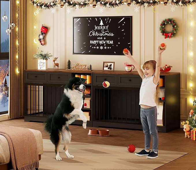 GarveeHome Dog Crate Furniture 47", Large Dog Crate TV Stand with 2 Drawers and 4 Shelves, Wooden Dog Kennel Indoor, Decorative Dog Cage with Storage for Large Dogs, Black