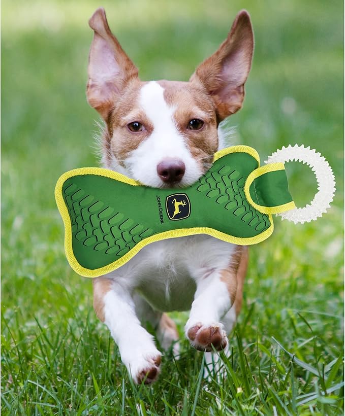 JOHN DEERE DOG DENTAL TEETHING RING TUG TOY & Nylon Squeak Bone Toy. TOUGH STURDY PET TOY with John Deere Logo. BEST DOG FIELD TOY for DOG OWNERS, Famers, Construction gigs, Builders, Landscaping fans