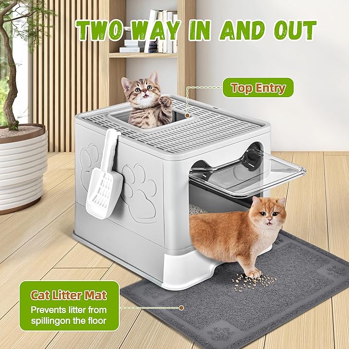 Cat Litter Box with Litter Mat, Foldable Extra Large Free in and Out/One-Way with Lid, Drawer Type Enclosed Kitty Litter Box,Odor Control Anti-Splashing Easy Cleaning (Pale Grey)