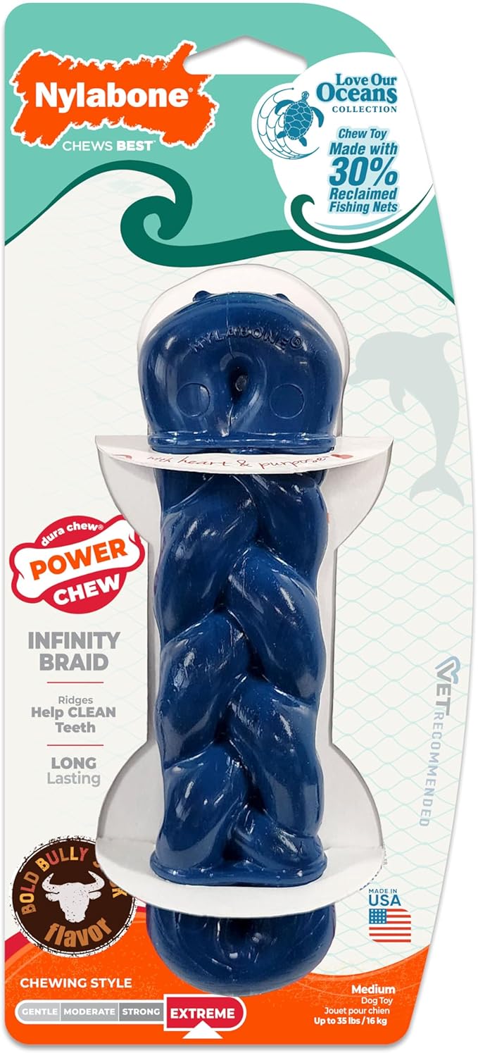 Nylabone Love Our Oceans Infinity Braid Bone Power Chew Toy for Dogs, Recycled & Sustainable Dog Chew Bones, Made in USA, Bully Stick Flavor, Medium Dog Toys - Up to 35 lbs, 1 Count