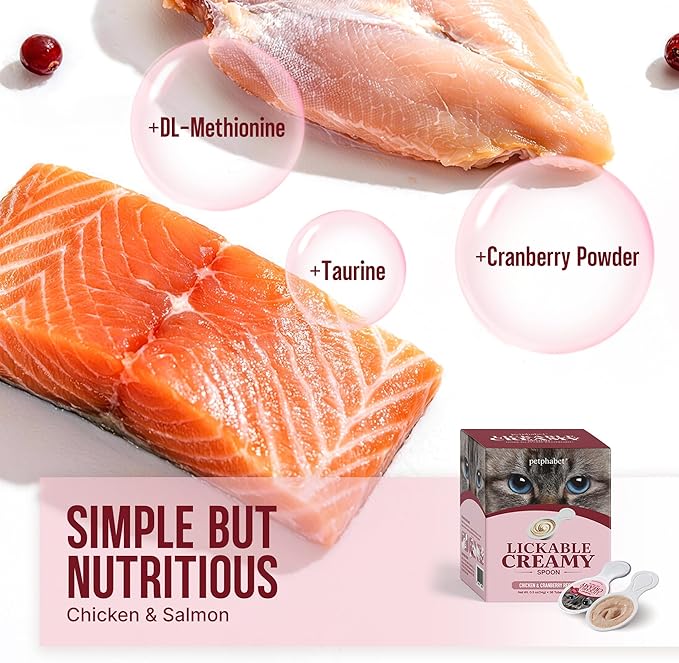 PETPHABET Lickable Cat Treats Spoon, 36 Count Creamy Puree Kitten Treats Chicken Slamon & Cranberry Recipe, Functional Wet Paste Cat Snacks for Urinary Health, Grain-Free Kitty Treat with Taurine