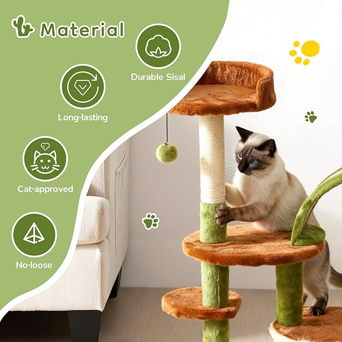 Cactus Cat Tree for Indoor Cats, Multi-Level Cat Tree Tower with Sisal Scratching Posts, Stable Cat Condo with Perches and Steps, 36.6", Brown