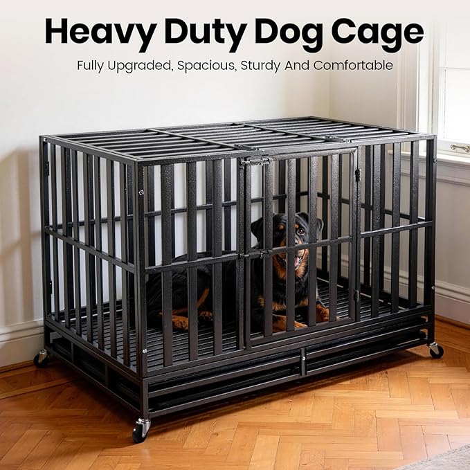 Oranland 48 inch Heavy Duty Indestructible Dog Crate,2026 Ultimate Base Plate for Large and Middle Dogs,Dog Kennel for High Anxiety Dogs/Max Load Capacity 300lbs/Double Door with 2 Lockable Wheels