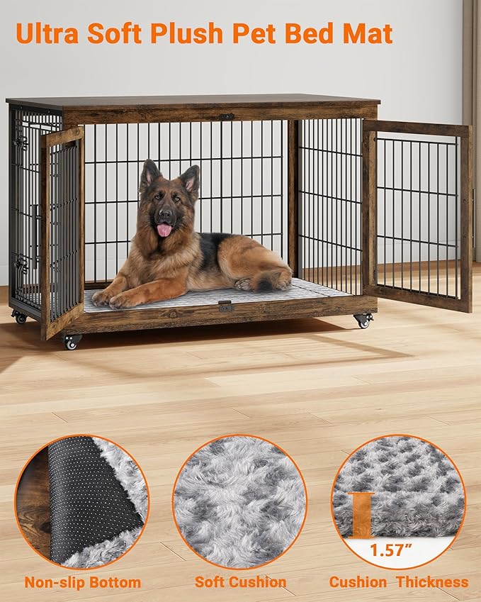 YaFiti Dog Crate Furniture with Cushion, Wooden Dog Kennel Indoor with Double Doors, Dog Cage with Wheels, Dog House Side End Table for Large Dogs up to 85 lb, 44" L, Rustic Brown
