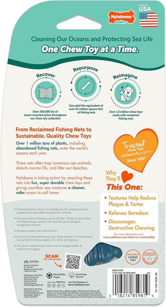 Nylabone Love Our Oceans Textured Fish Power Chew Toy for Dogs, Recycled & Sustainable Chew Bones for Dogs, Dog Toys Made in USA, Salmon Flavor, Medium Dog Toys - Up to 35 lbs, 1 Count