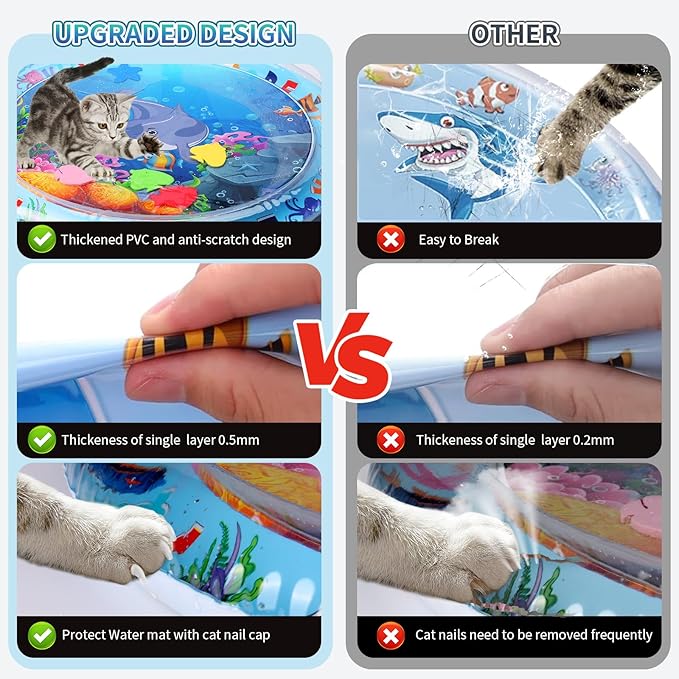 Cat Water Mat,Upgrade 0.5mm Thickened Anti-Scratch Cat Water Sensory Play Mat,Unbreakable Interactive Cat Playing Stuff,Comfort Water Play mat for Cats,Cat Play Mat with Wand Random Color
