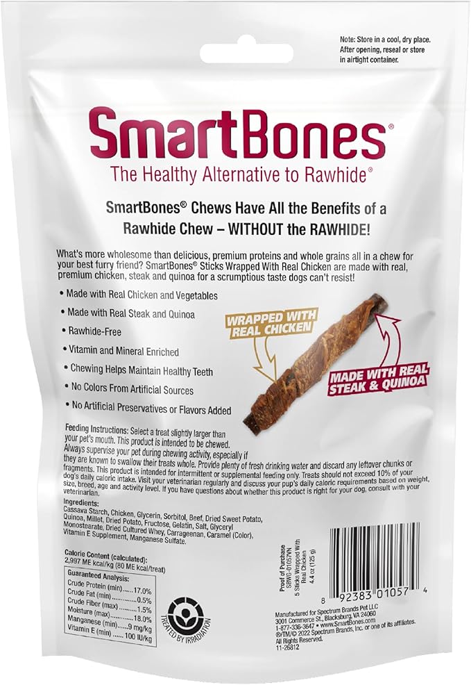 SmartBones Sticks Wrapped with Real Chicken, Steak and Quinoa Rawhide-Free Chews for Dogs, 5 Chews Per Pack, 4.4 Ounces